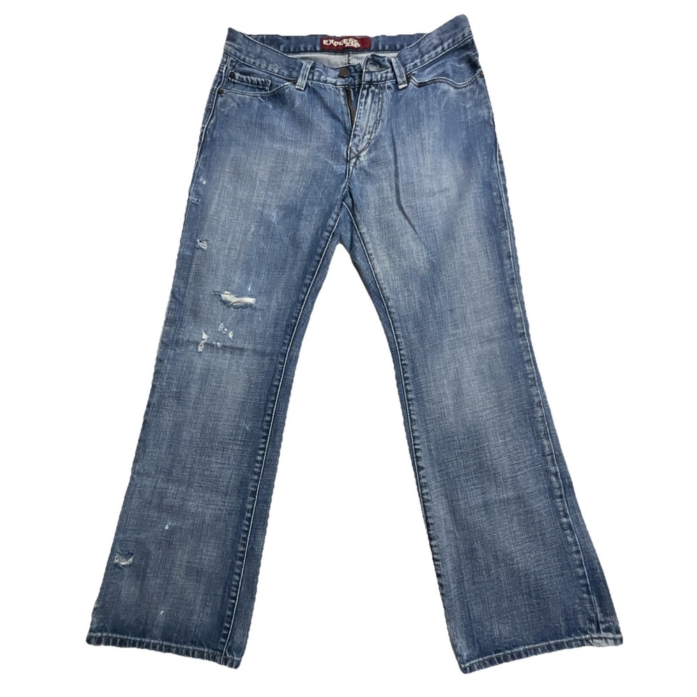 Express Blue Denim Slim Fit Straight Jeans Distressed 5-Pocket Design